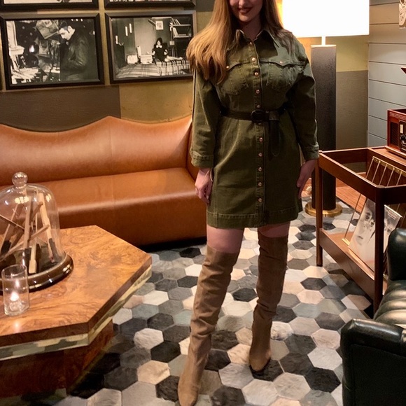 denim dress with knee high boots